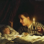 young mother contemplating her sleeping child in candlelight